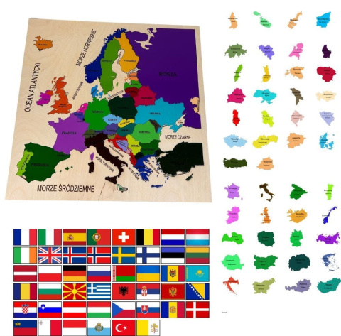 Drewniana Mapa Europy Montessori - flagi państw europejskich, państwa Europy